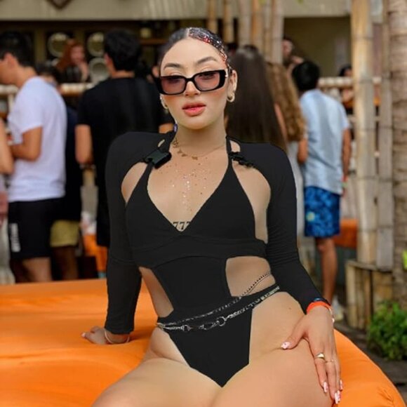 Rave Outfits for Women - Swimsuits Mesh Buckle Shrug Crop Top 2 Pcs Set - Picture 2 of 4